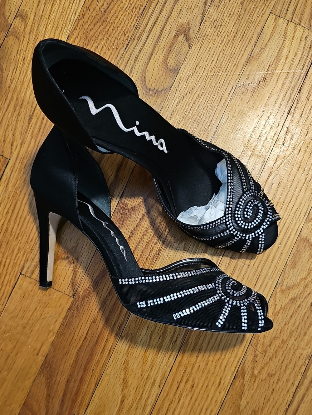Nina Black Crystal-Accent Open-Side Peep-Toe Heels